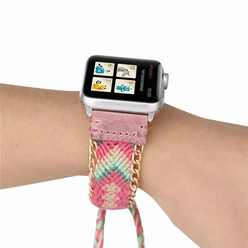 Ремешок в богемном стиле для Apple Watch Band 4 40 мм 44 цветной вязаный шерстяной кожаный