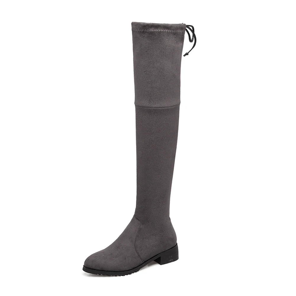 dark grey 1 thin fur BONJOMARISA/ г. Новые Элегантные Осенние ботфорты, Размеры 33-46 пикантные женские высокие сапоги из флока женская обувь на низком каблуке - Цвет: dark grey 1 thin fur