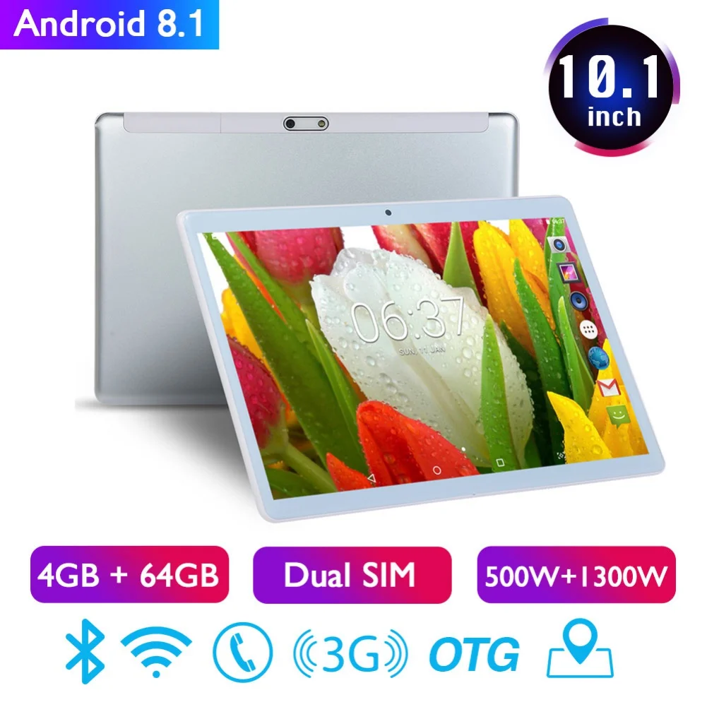 10,1 дюймов 4 Гб+ 64 ГБ Android 8,1 WiFi планшетный ПК двойная SIM Двойная камера 3g телефон Pad планшеты с адаптером питания ЕС/США