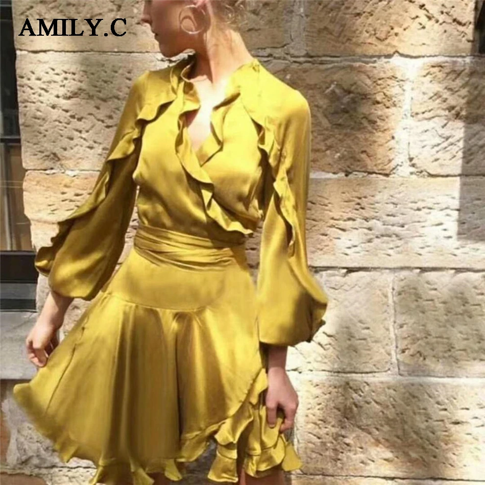 Amily.c 2020 роскошное модное атласное новое женское мини-платье горчичного желтого