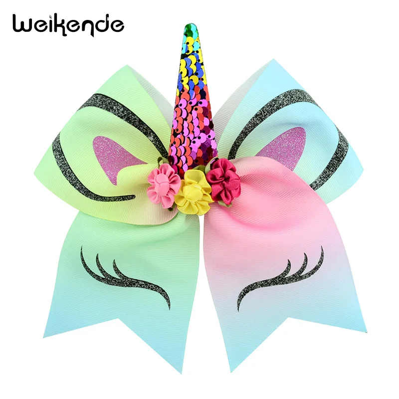 7 Inch Large Hair Bow Children's Unicorn Hairpin Horn Bronze Flip Sequin Tie Handmade DIY Rainbow Bow-knot | Детская одежда и