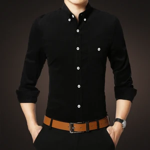 Осенне-зимние тонкие хлопковые вельветовые высококачественные мужские модные Брендовые однотонные деловые рубашки с длинными рукавами мужские повседневные рубашки