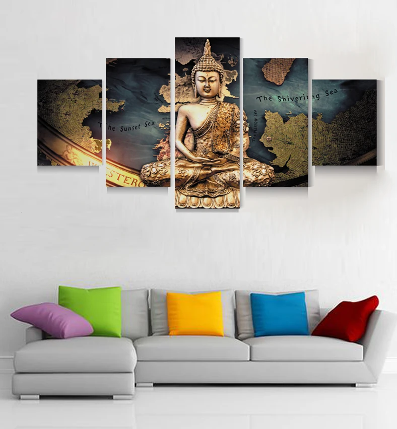 Цветные картины плакаты буддизм Будда настенная живопись 5 панелей Современная