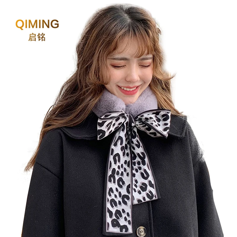 

Autumn Winter Fashion Imitation Rabbit Fur Female Accessories Solid Color Stitching Thick Warm Tie Scarf Print Fake Collar Bow