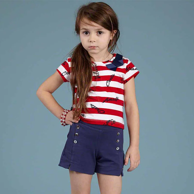 

Little Maven New Summer Kids Clothing Short O-neck Red Striped Cool Bow Tee Knitted Cotton 1-6yrs Girls Casual Tshirt