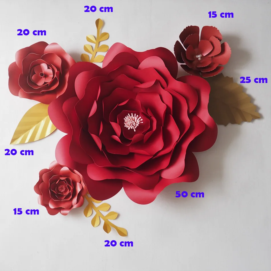DIY красный гигантский бумажный фон с цветами искусственный цветок 4 шт. + листья 5