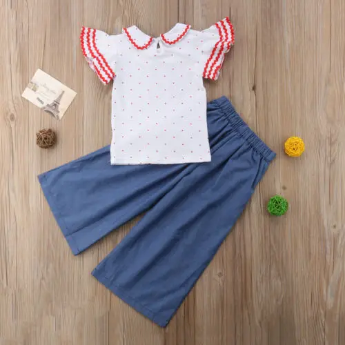 Летняя Одежда для девочек с рукавами-крылышками рюшами футболка Топы джинсовые