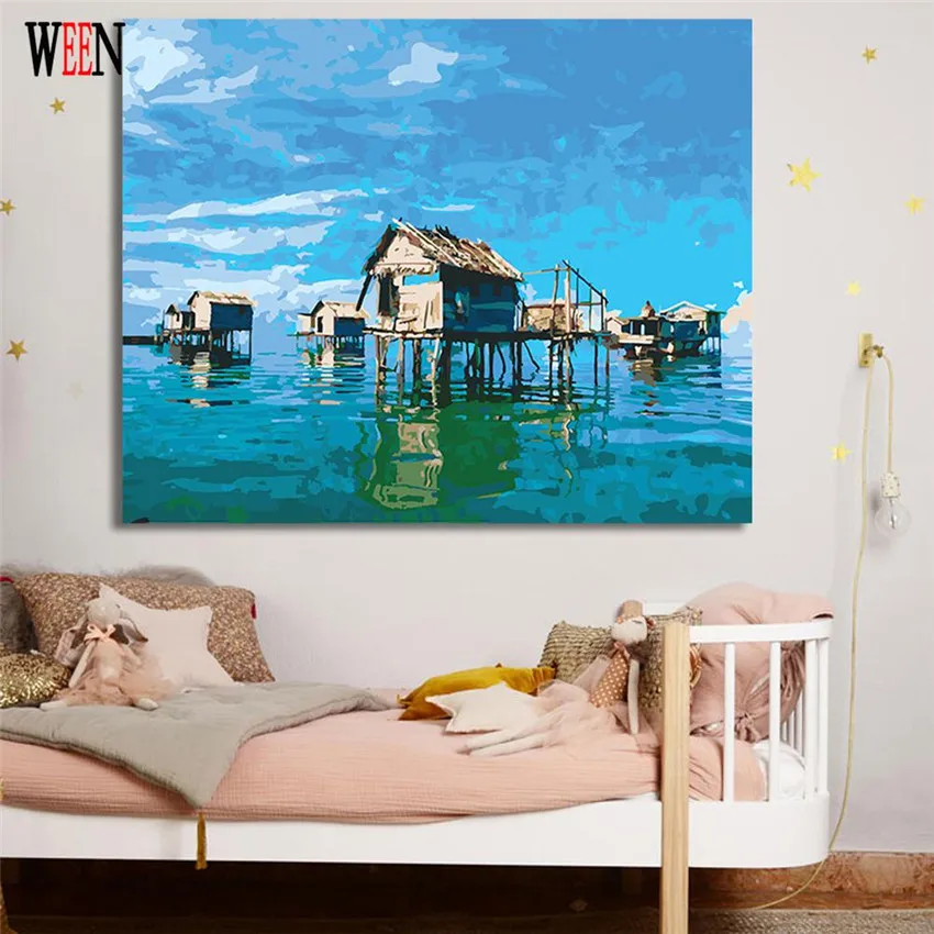WEEN Sea House Pictures By Numbers DIY Handpainted Landscape Wall Canvas Art Digital Coloring by numbers Artwork For Room Gift | Дом и сад