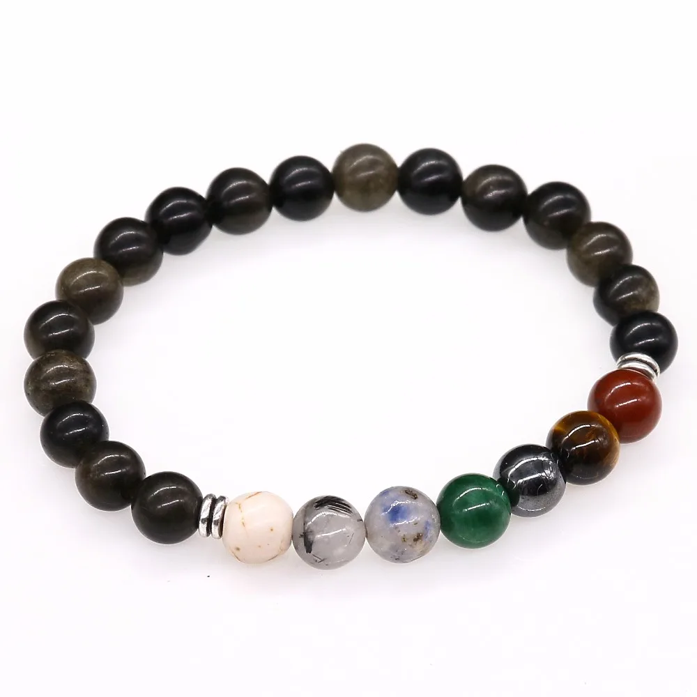 Мужские браслеты разных цветов радуги черный обсидиан 7 Чакр Исцеление баланса