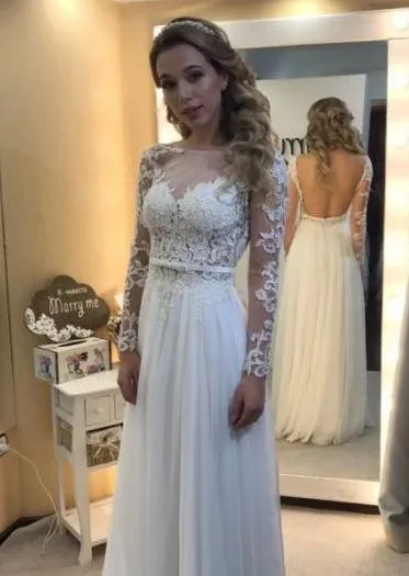 Chic Спинки Длинные Рукава-Линии длиной до пола Кружева Свадебные Платья Vestido Де Noiva