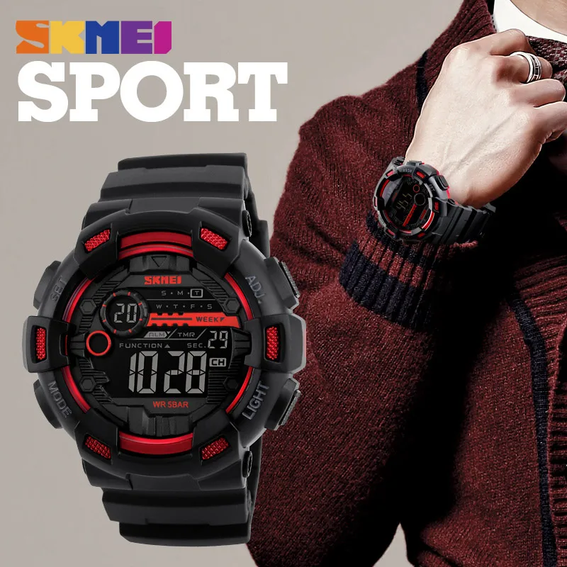 SKMEI Outdoor Sport Watch Men Multifunction 5Bar Waterproof PU Strap LED Display Watches Chrono Digital Wristwatch Reloj Hombre images - 6
