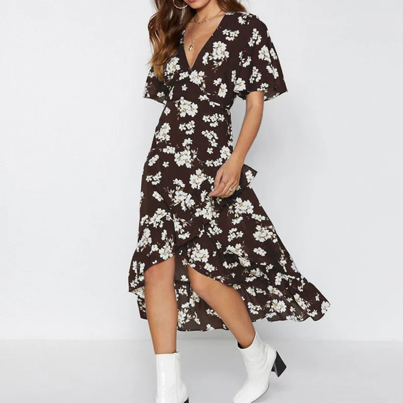 Для женщин Boho Цветочный принт шифоновое платье сексуальное летнее пляжное