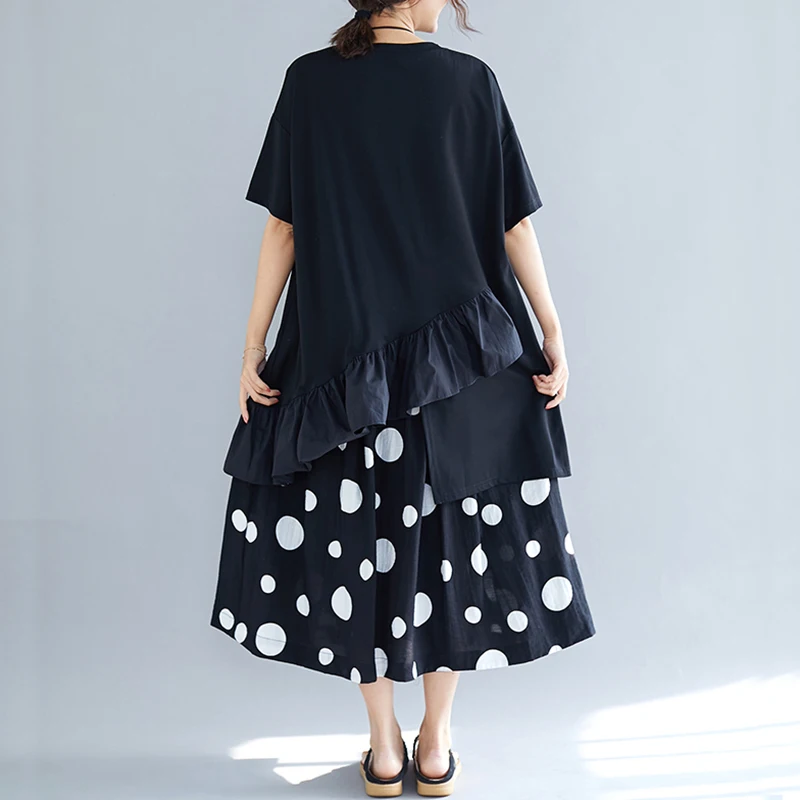 Женские юбки в горошек Elegdream черные повседневные свободные макси с высокой