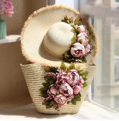 hat bag set Новая обувь ручной работы с сумочкой в виде цветка для 2 шт./компл. тканые Сумки для Для женщин Мода Уникальный дизайн сумка Boho женская Соломенная пляжная сумка - Цвет: hat bag set