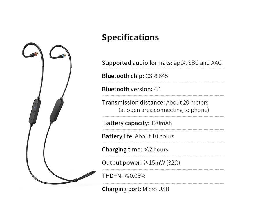 FiiO RC-BT беспроводной Bluetooth aptX AAC Спорт с микрофоном стандартный кабель MMCX для Shure/Westone/JVC/FiiO10 часов жизни