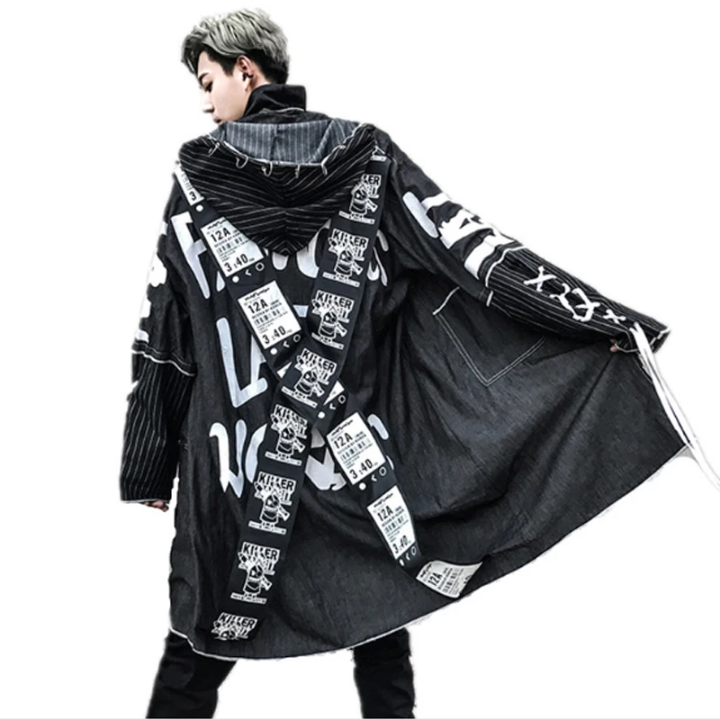 Мужская джинсовая куртка с капюшоном в стиле хип хоп|hooded trench|trench coatmens overcoat |