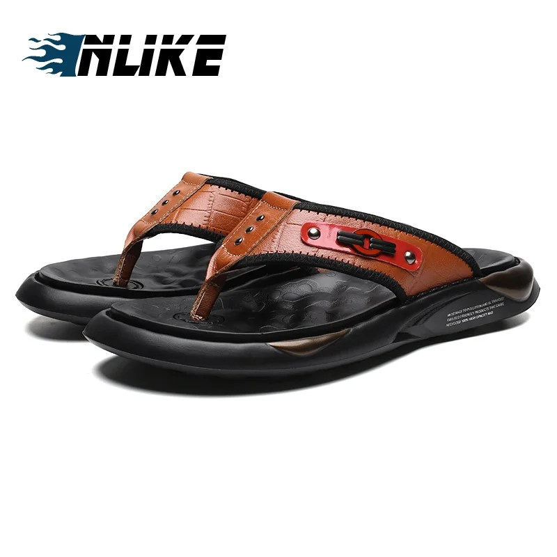 

Luxury Brand 2019 New Men's Flip Flops Genuine Leather Slippers Mens Slippers