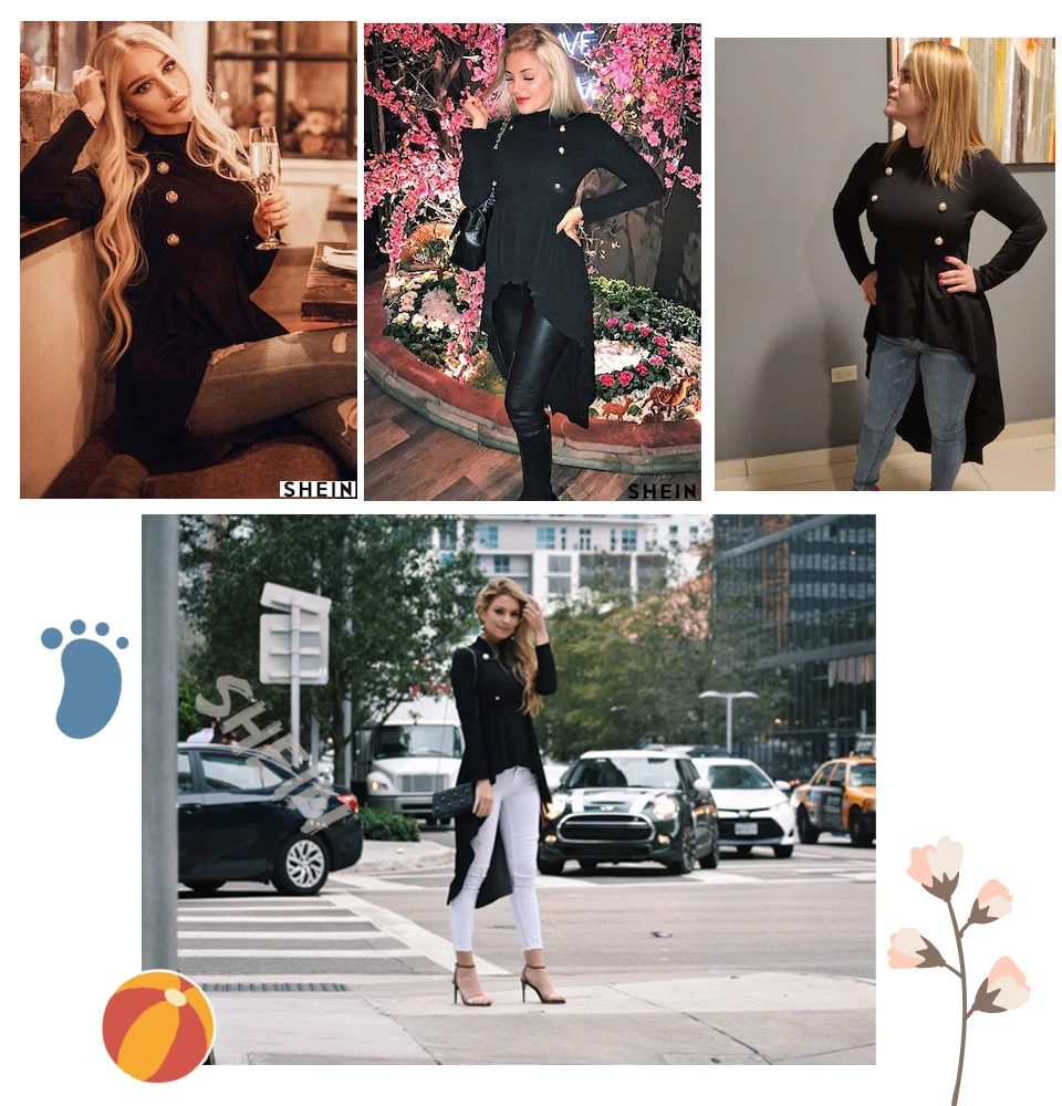 SHEIN Стильный Топ С Асимметричным Низом Черная Модная Блузка Со Стоячим Воротником И Длинными Рукавами