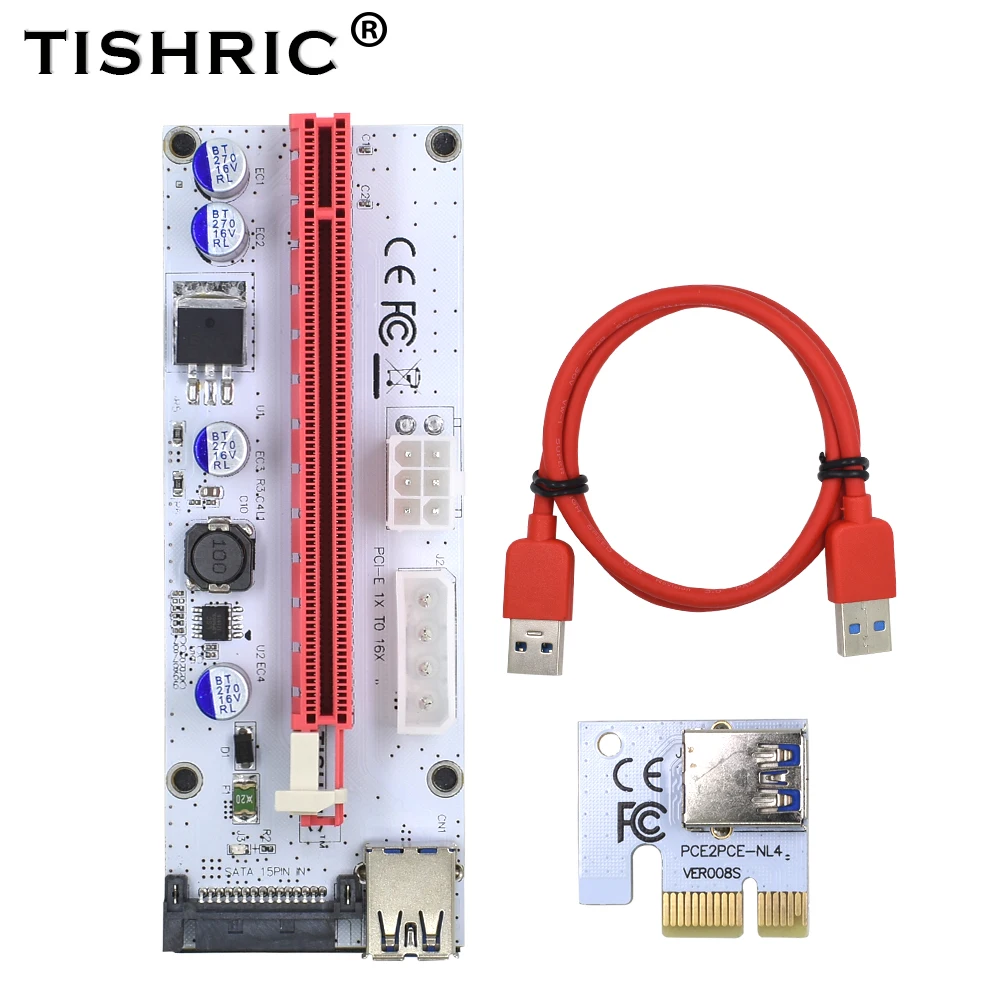 TISHRIC Riser Card 008s VER008S 3 в 1 Molex 4Pin SATA 6PIN PCIE PCI E Express Adapter 1X 16X USB3.0 Extender Miner| |