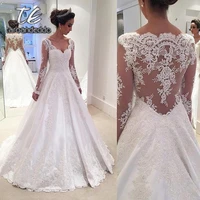 v neck lace wedding dresses applique illusion back long sleeves floor length a line sweep train bridal dress vestido de noiva