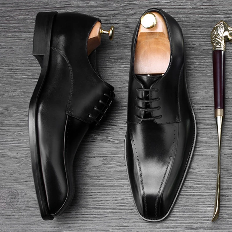 

Classic Square Toe Derby Man Formal Dress Wedding Shoes Genuine Leather Lace up Handmade Men's Banquet Party Footwear SS430