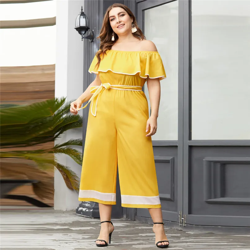 jumpsuits Комбинезон, большой размер Лето с плеча желтый комбинезон без рукавов отпуск Для женщин комбинезон на шнуровке Раффлед женский комбинезон#1 - Цвет: jumpsuits
