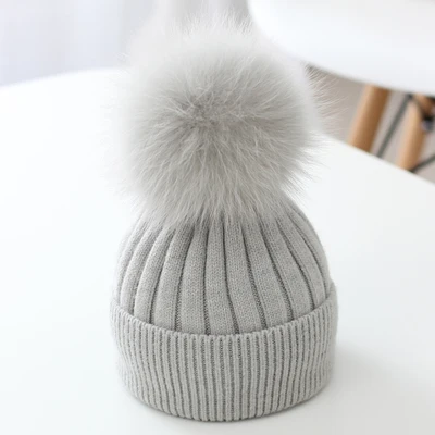 light grey Натуральный Лисий Мех Детская шапка зимняя детская помпон Шапка супер большой меховой шарик шапка для малышей Шапка детская вязаная шерстяная шапка - Цвет: light grey
