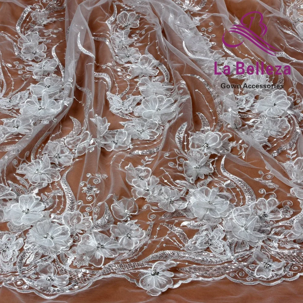 La Belleza 1 ярд новая кружевная ткань ручной работы с 3D цветком из белой органзы с цветами и кристаллами для свадебного платья кружевная ткань