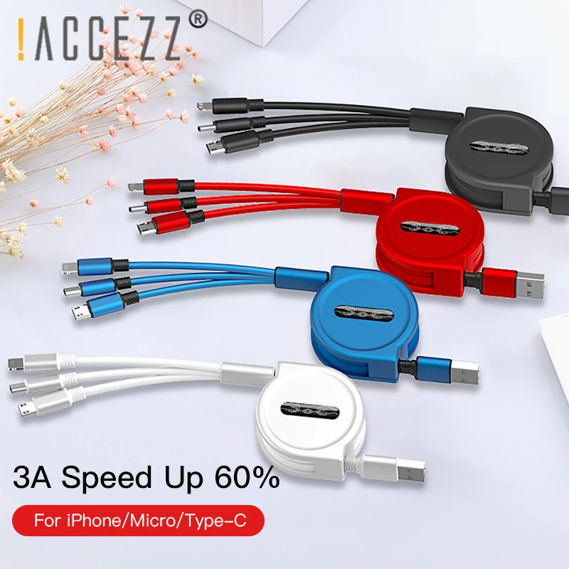 

!ACCEZZ 3A 3 in 1 USB Retractable Cable Fast Charging For iPhone 8 XS Micro USB Type C For Samsung Xiaomi Huawei Phone Cord 1.2M