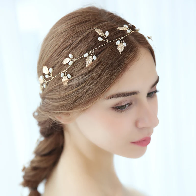 

SLBRIDAL Golden Wired Crystal Rhinestones Pearls Leaf Wedding Hair Vine Bridal Headband Women Jewelry