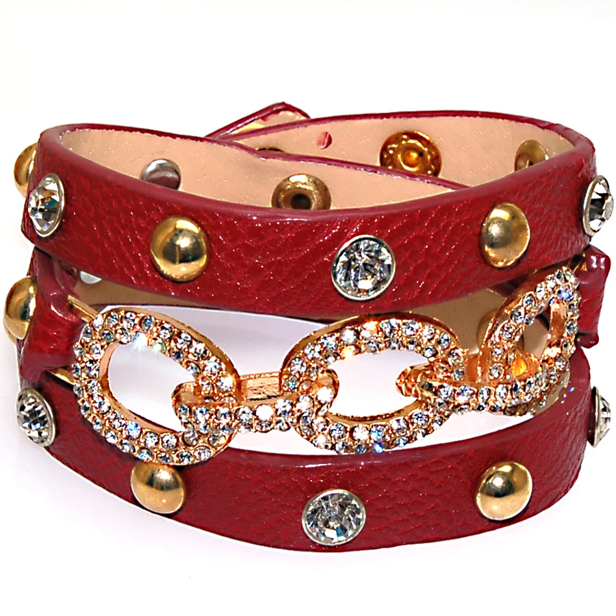 Двойной браслет с кристаллами и фианитами из ПУ кожи|wrap leather bracelet|double wrap braceletwrap