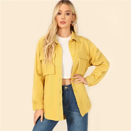 Цвет: желтый Dotfashion желтая рубашка с двойным клапаном и карманом спереди женская одежда Весенняя Повседневная Уличная одежда однобортное пальто верхняя одежда - Цвет: Цвет: желтый