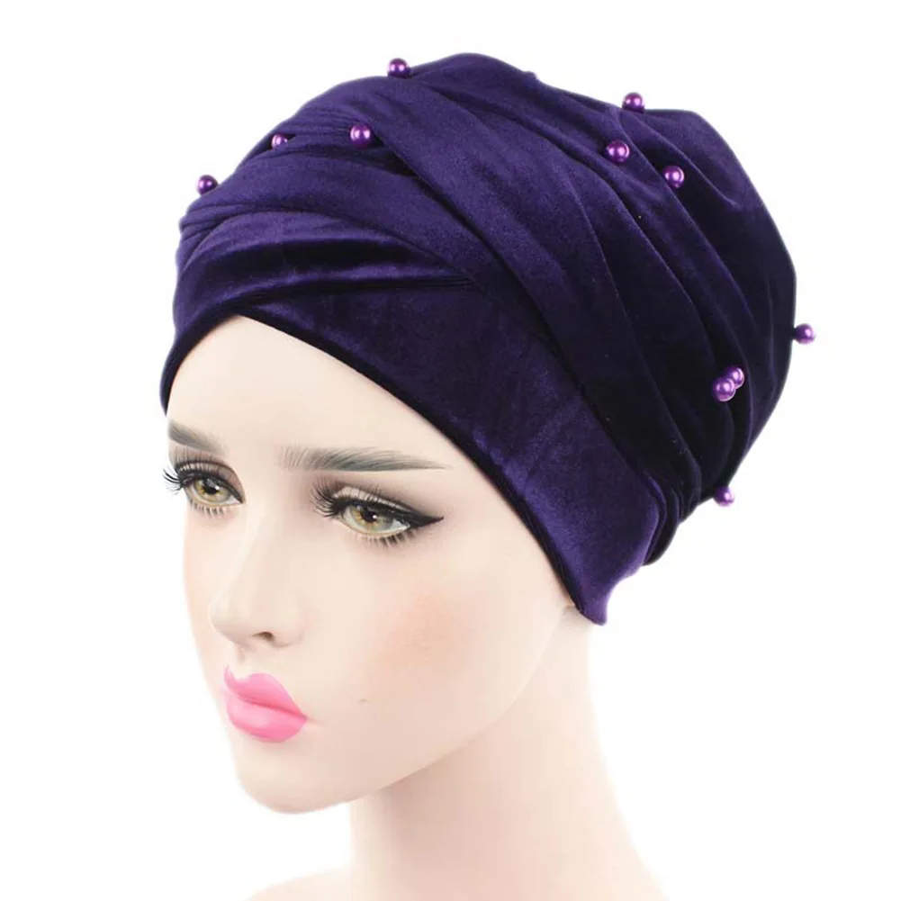 purple Женские Роскошные Жемчужные бархатные длинные банданы, выпадение волос, головной убор, шапка, мусульманский тюрбан, индийский длинный шарф-снуд на голову, хиджаб - Цвет: purple