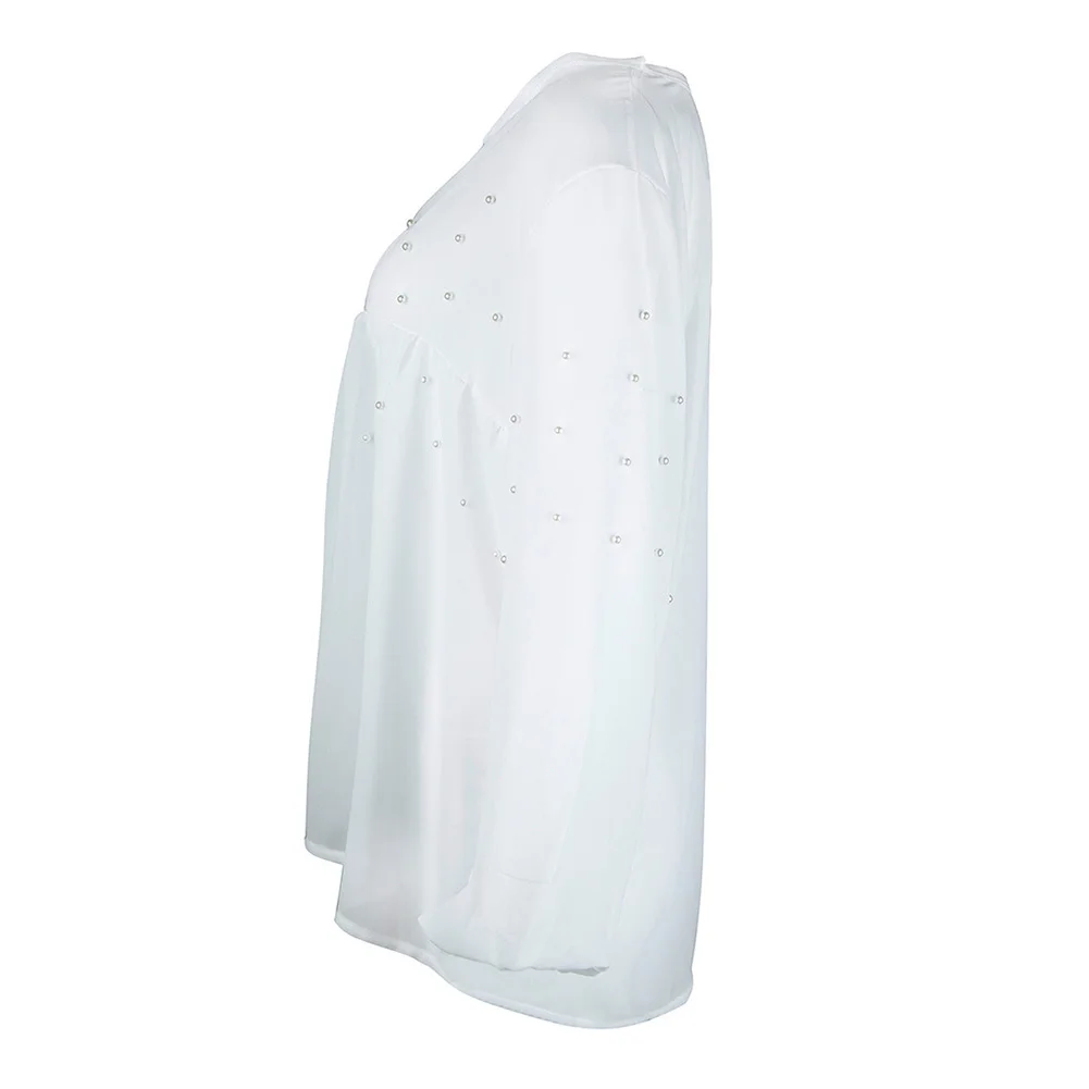 Hot sale spring Blouses Shirts Women fashion Pearls Beading Long lantern Sleeve V Ncek White Chiffon blouse Tops |