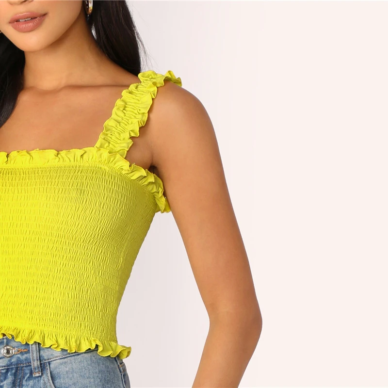 SweatyRocks женский топ с оборками на бретелях и подоле, лето, уличная одежда, Boho Tanks, укороченные однотонные топы, женский эластичный тонкий жилет