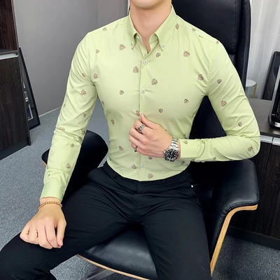 Зеленая Мужская рубашка Camisa Social Masculina повседневная мужская классическая