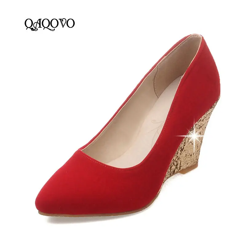 Female Flock Fashion Sequined Wedges Pumps Slip On High Heels Spring Autumn Pointed Toe Party Wedding Shpes Women 2019 Red Black | Обувь