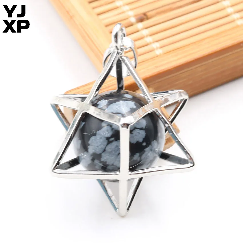 Snowflake 1 шт. Energy Merkaba кулон из натурального камня аметисты Розовый Кварц Круглые бусины рейки колье с целебным кулоном подвесные шармы Ювелирные украшения подарок - Окраска металла: Snowflake