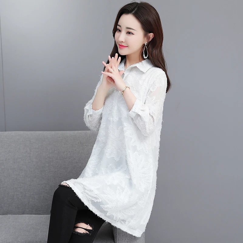 

2019 New Women Shirts Chiffon Loose Tide Han Fan Long In Blouse Shirt White Black 9344