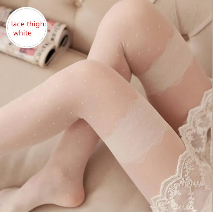 lace thigh white Новая мода точка колготки с сердечками колготки женские черные белые тонкие весна лето Collant Чулки Medias - Цвет: lace thigh white