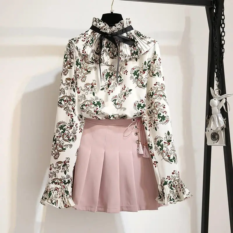 pink skirt Летний Для женщин с цветочным рисунком для девочек с расклешенными рукавами футболка с рюшами Топы+ Высокая Талия плиссированное платье трапециевидной формы мини-юбка комплекты из двух предметов J4 - Цвет: pink skirt