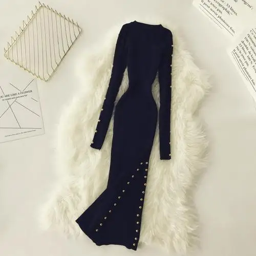 Dark blue Зима новое женское шикарное Нижнее трикотажное платье Женский o-образный вырез кнопка-заклепка длинный рукав винтажная сексуальная сумка Бедро Сплит свитер платья - Цвет: Dark blue