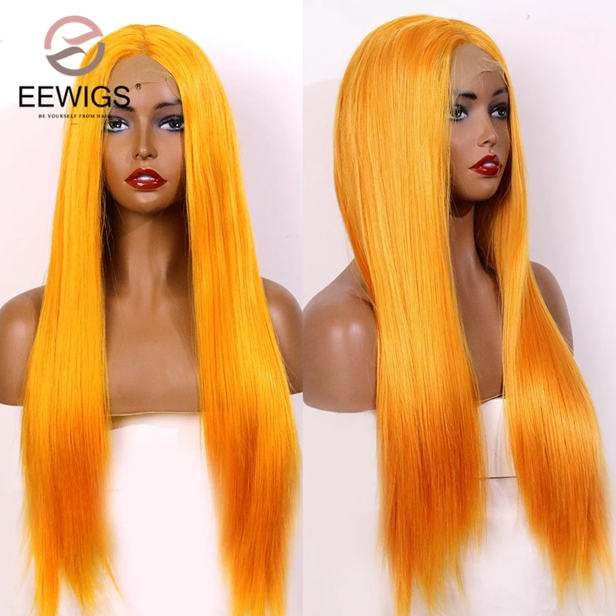 EEWIGS длинный прямой парик спереди бесклеевой оранжевый синтетический