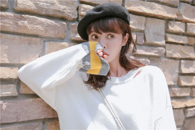 2019 Women's Casual Sweaters Kawaii Cute Ulzzang Contrast-cut Knit Sweater Female Korean Japanese Harajuku Clothing For Women | Женская