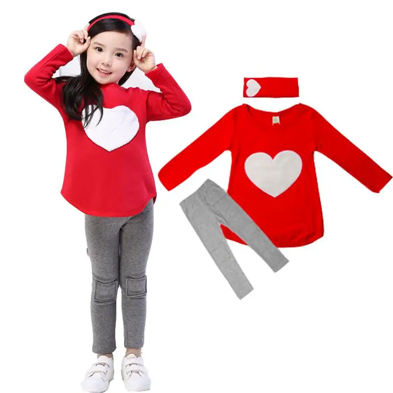 2018 Kid Girl Long Sleeve 3pcs 1pc Hair Band+1pc Shirts+1pc Pants Children's Clothing Set Girls Clothes Suits Pink Red Heart | Детская