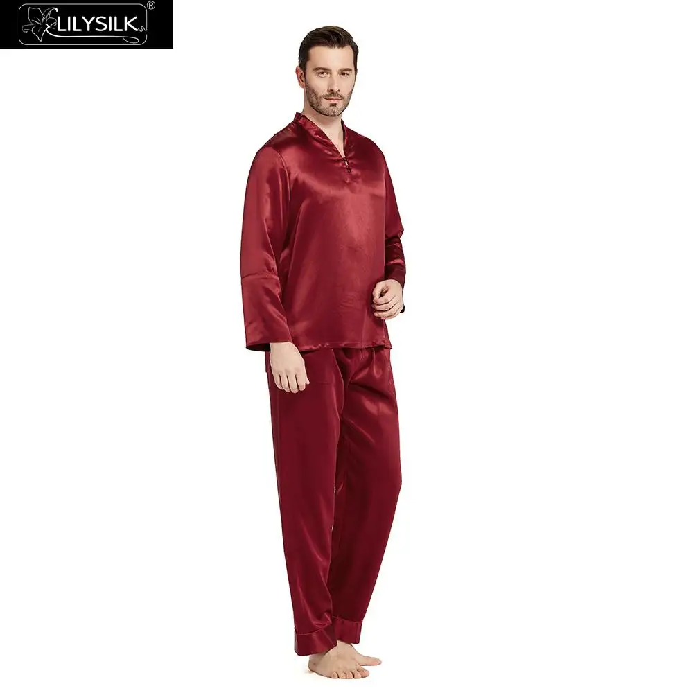 Claret LilySilk пижама мужская белье костюм домашняя одежда для мужчн Пижамный комплект шелк 22 momme китайский Стиль - Цвет: Claret