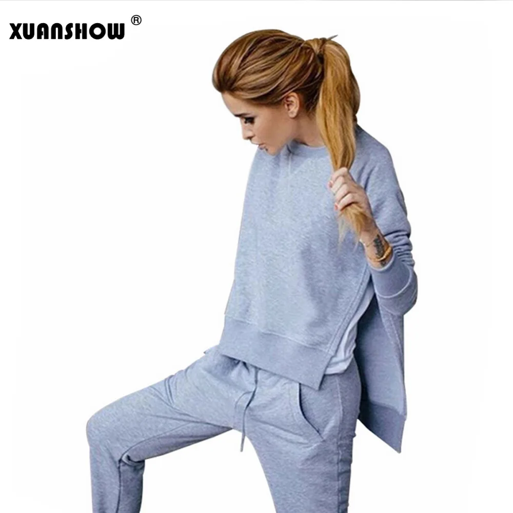 Женский хлопковый спортивный костюм XUANSHOW толстовка с капюшоном и длинные штаны