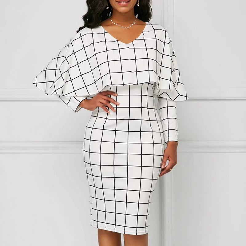 Spring Autumn Clothes Sexy Plaid Print Dress Women Long Cloak Sleeves V Neck Dresses White Office Lady Bodycon Slim Vestidos | Женская