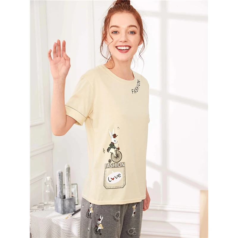 Dotfashion пижамный комплект с мультяшным кроликом и буквенным принтом весенние пижамы для женщин Повседневная одежда для сна летняя Домашняя одежда с коротким рукавом