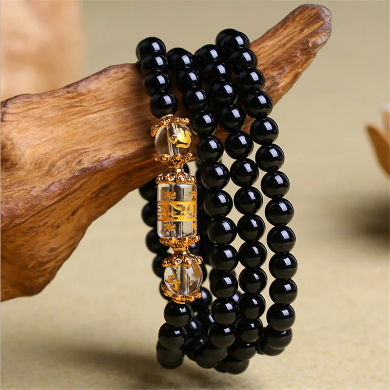 natural Obsidian Zodiac Animal Buddha Wrap Bracelet 1147 | Bracelets